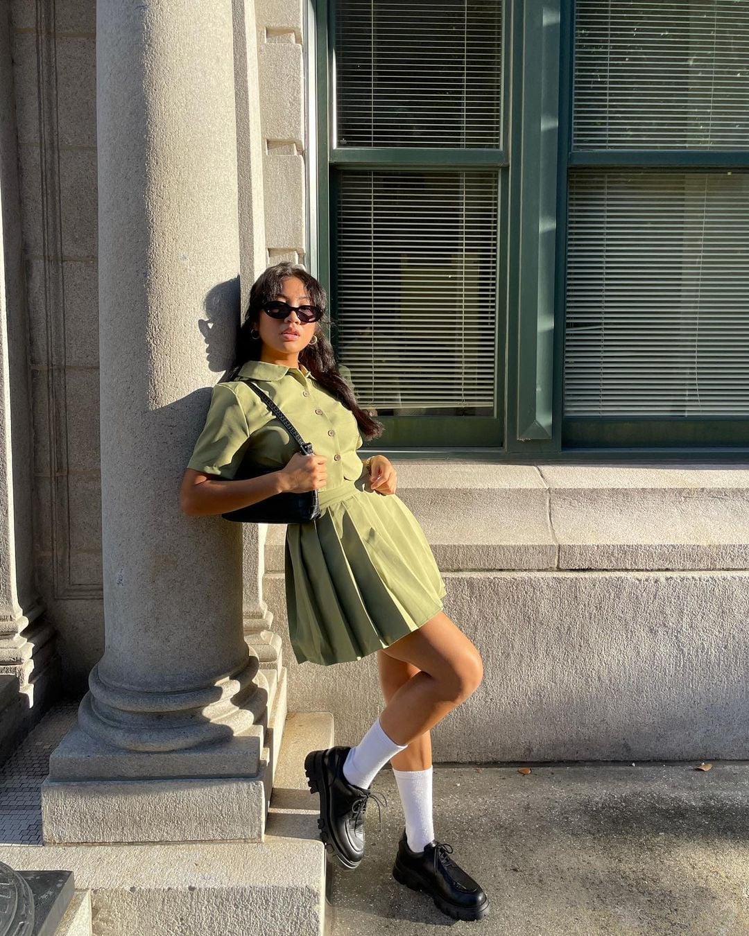 Olive Green Collared Shirt and Pleated Mini Skirt Set — Y2K Party Outfit Inspiration